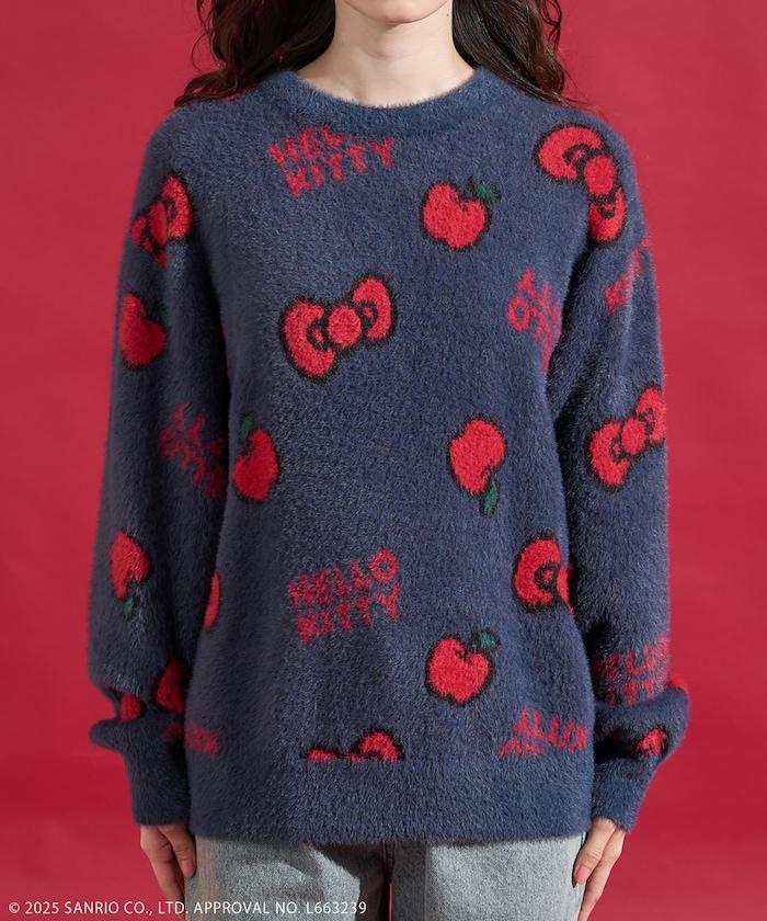 「HELLO KITTY」毛絨蝴蝶結全印花針織衫