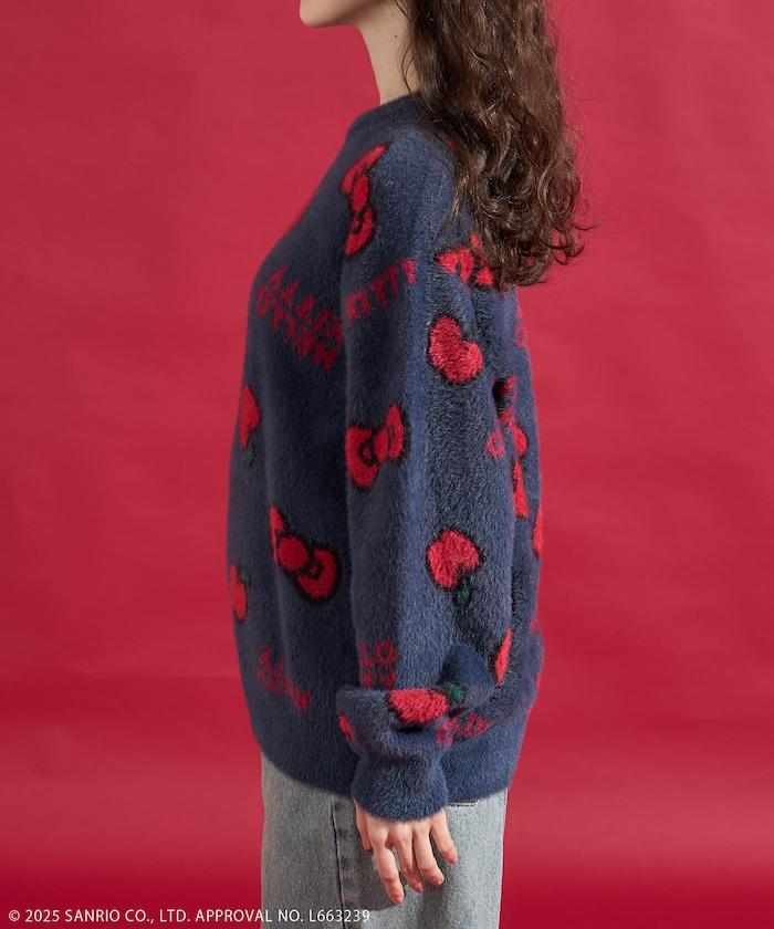 「HELLO KITTY」毛絨蝴蝶結全印花針織衫