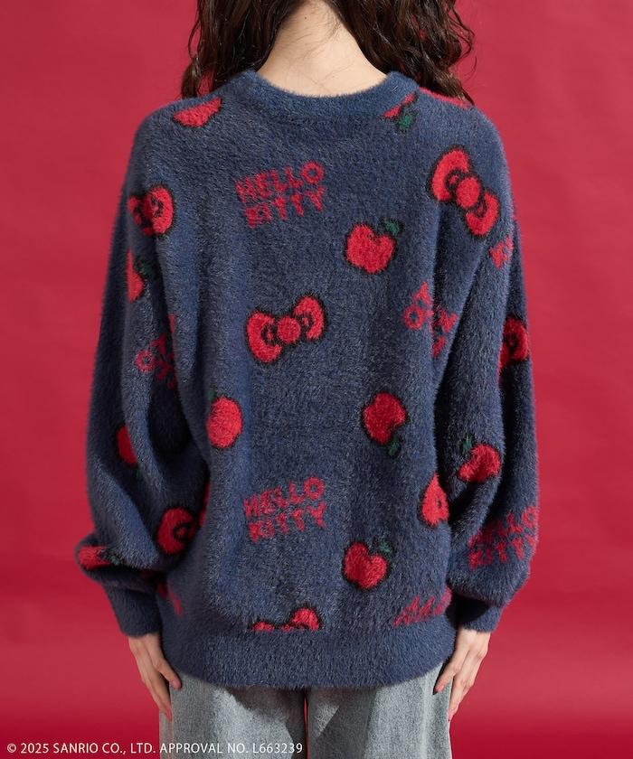 「HELLO KITTY」毛絨蝴蝶結全印花針織衫