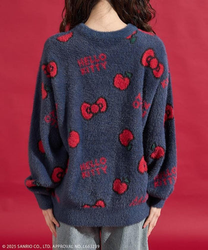 「HELLO KITTY」毛絨蝴蝶結全印花針織衫