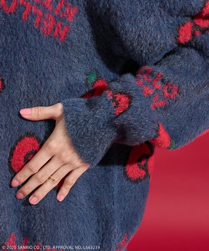 「HELLO KITTY」毛絨蝴蝶結全印花針織衫