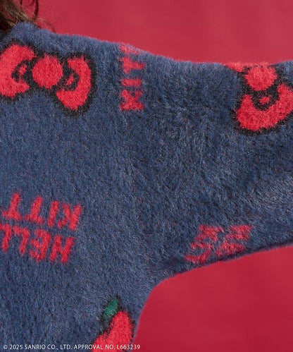 「HELLO KITTY」毛絨蝴蝶結全印花針織衫