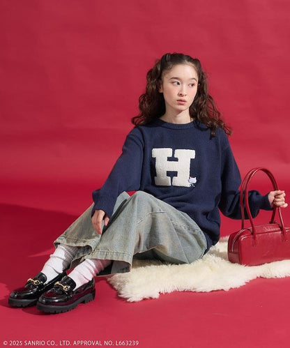 「HELLO KITTY」毛圈刺繡字母針織衫