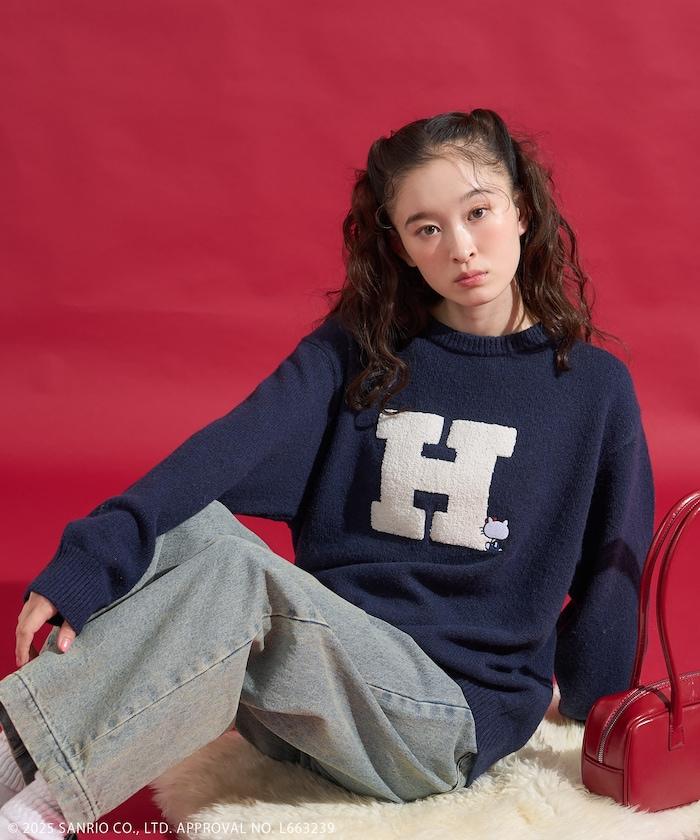 「HELLO KITTY」毛圈刺繡字母針織衫