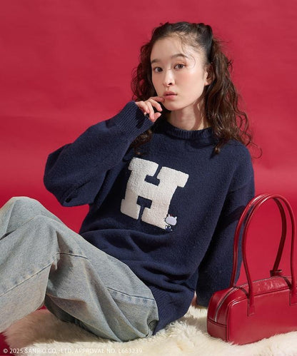 「HELLO KITTY」毛圈刺繡字母針織衫