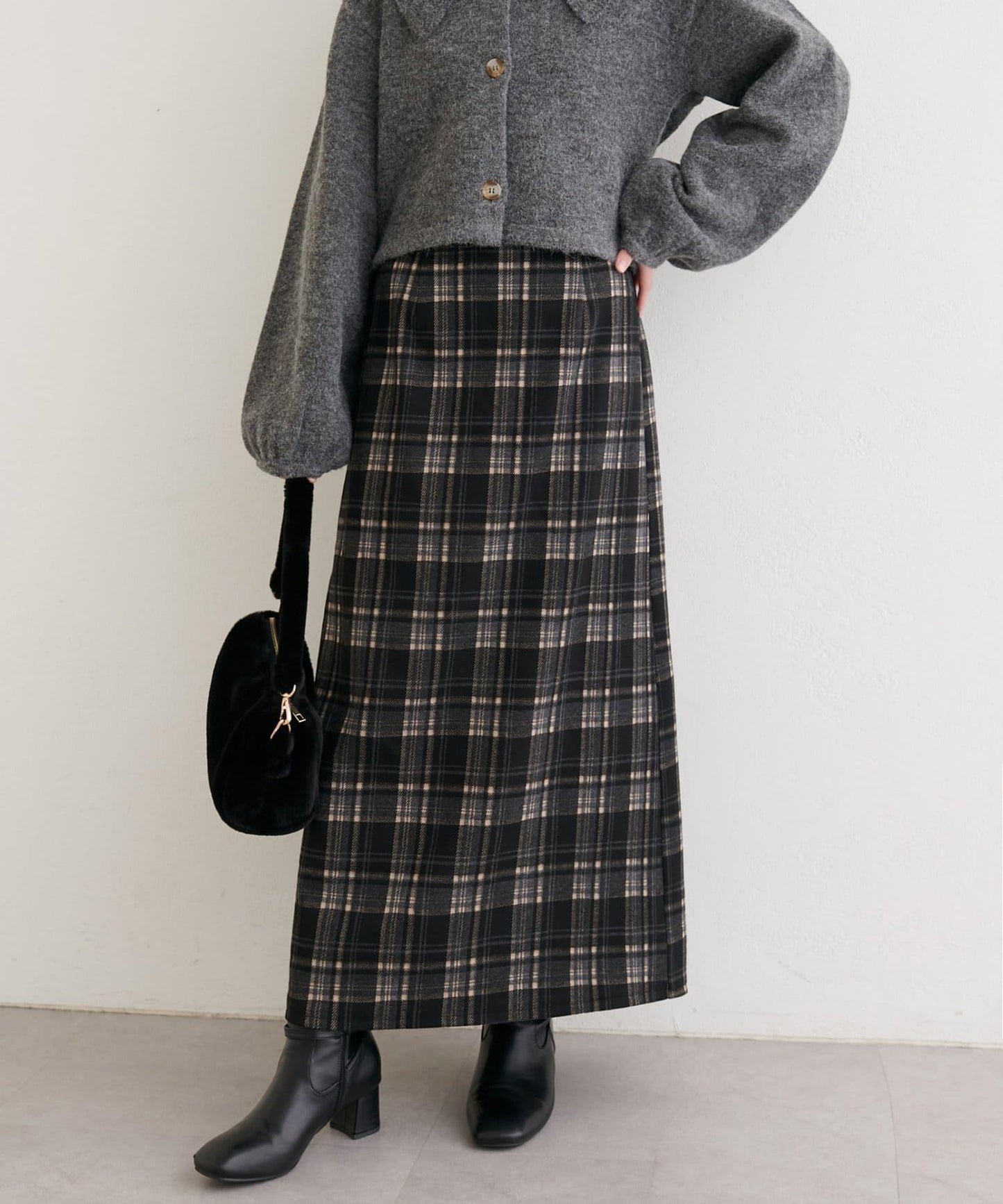 拼色格紋鉛筆裙