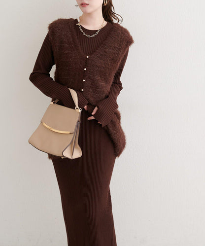 〈osono〉亮片羽毛針織背心×羅紋連衣裙