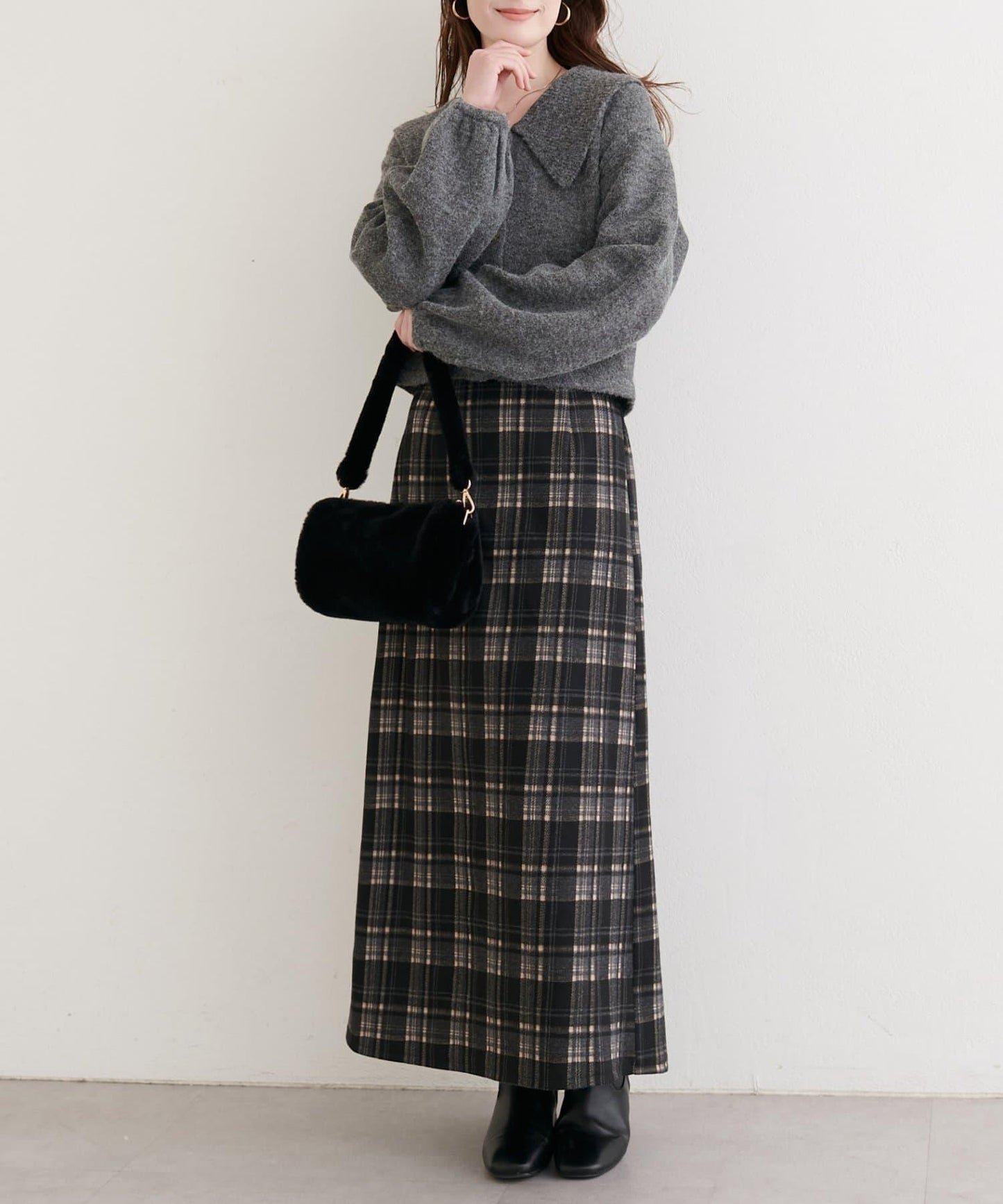 拼色格紋鉛筆裙