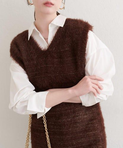 〈osono〉亮片羽毛針織背心×羅紋連衣裙