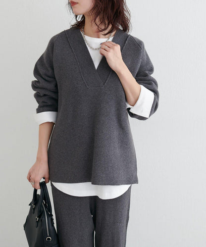 羊毛混紡提花拼接袖套頭衫