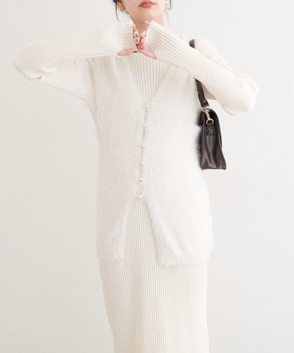 〈osono〉亮片羽毛針織背心×羅紋連衣裙