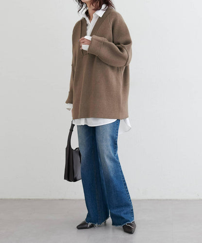 羊毛混紡提花拼接袖套頭衫