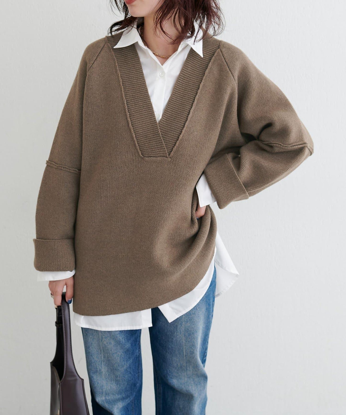 羊毛混紡提花拼接袖套頭衫