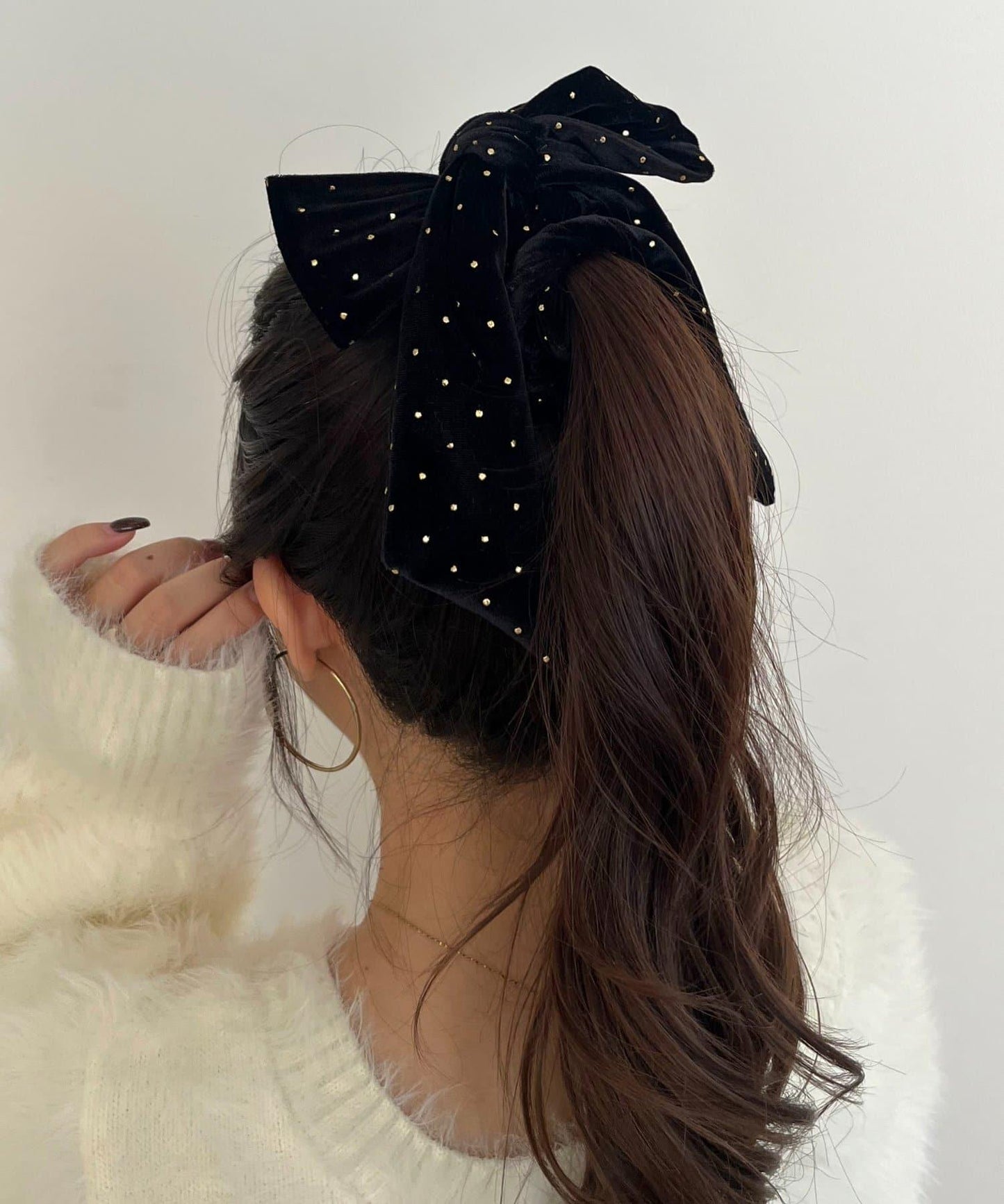 金色波點天鵝絨蝴蝶結髮繩