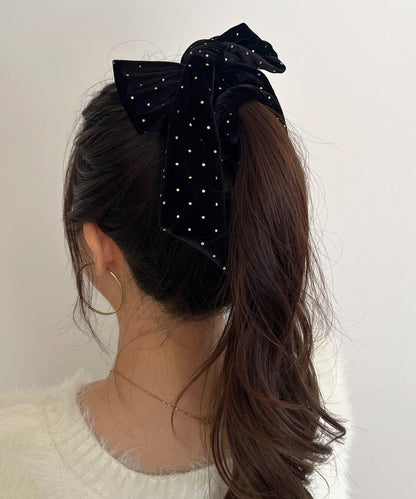 金色波點天鵝絨蝴蝶結髮繩