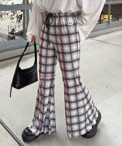 ★【HELLO.SANFRANCISCO/ハローサンフランシスコ】格紋荷葉邊拼接喇叭褲