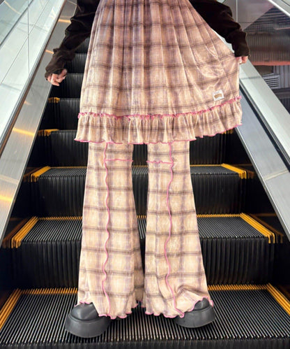 ★【HELLO.SANFRANCISCO/ハローサンフランシスコ】格紋荷葉邊拼接喇叭褲