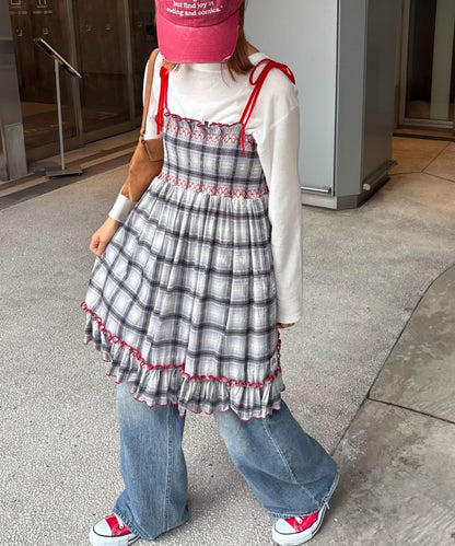 ★【HELLO.SANFRANCISCO/ハローサンフランシスコ】格紋天鵝絨抽褶長款上衣