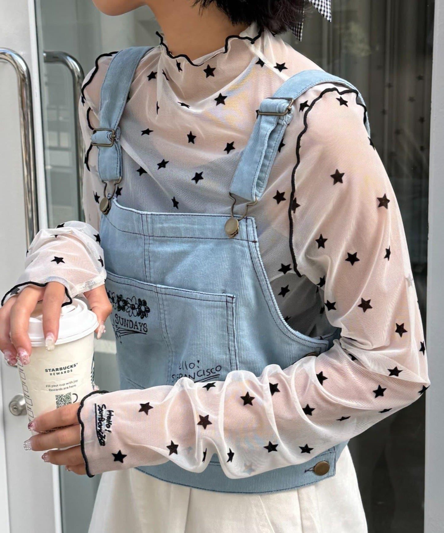 ★【HELLO.SANFRANCISCO/ハローサンフランシスコ】植絨星星圖案透視上衣