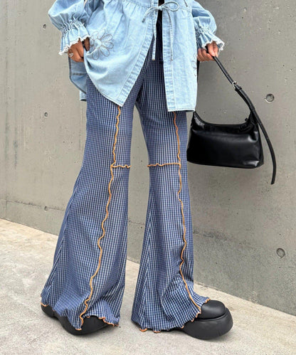 ★【HELLO.SANFRANCISCO/ハローサンフランシスコ】格紋荷葉邊拼接喇叭褲