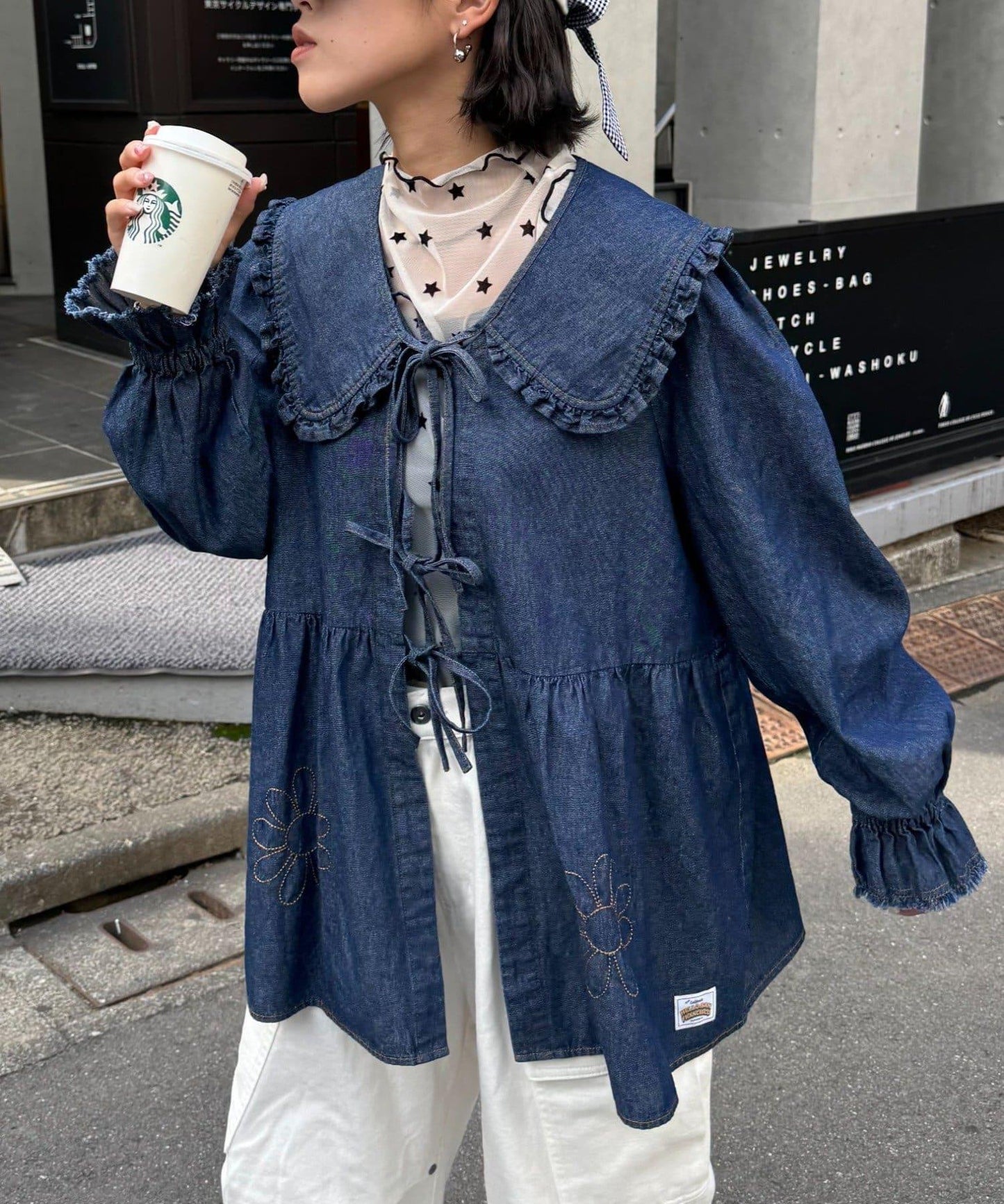 ★【HELLO.SANFRANCISCO/ハローサンフランシスコ】帶領雛菊刺繡牛仔襯衫