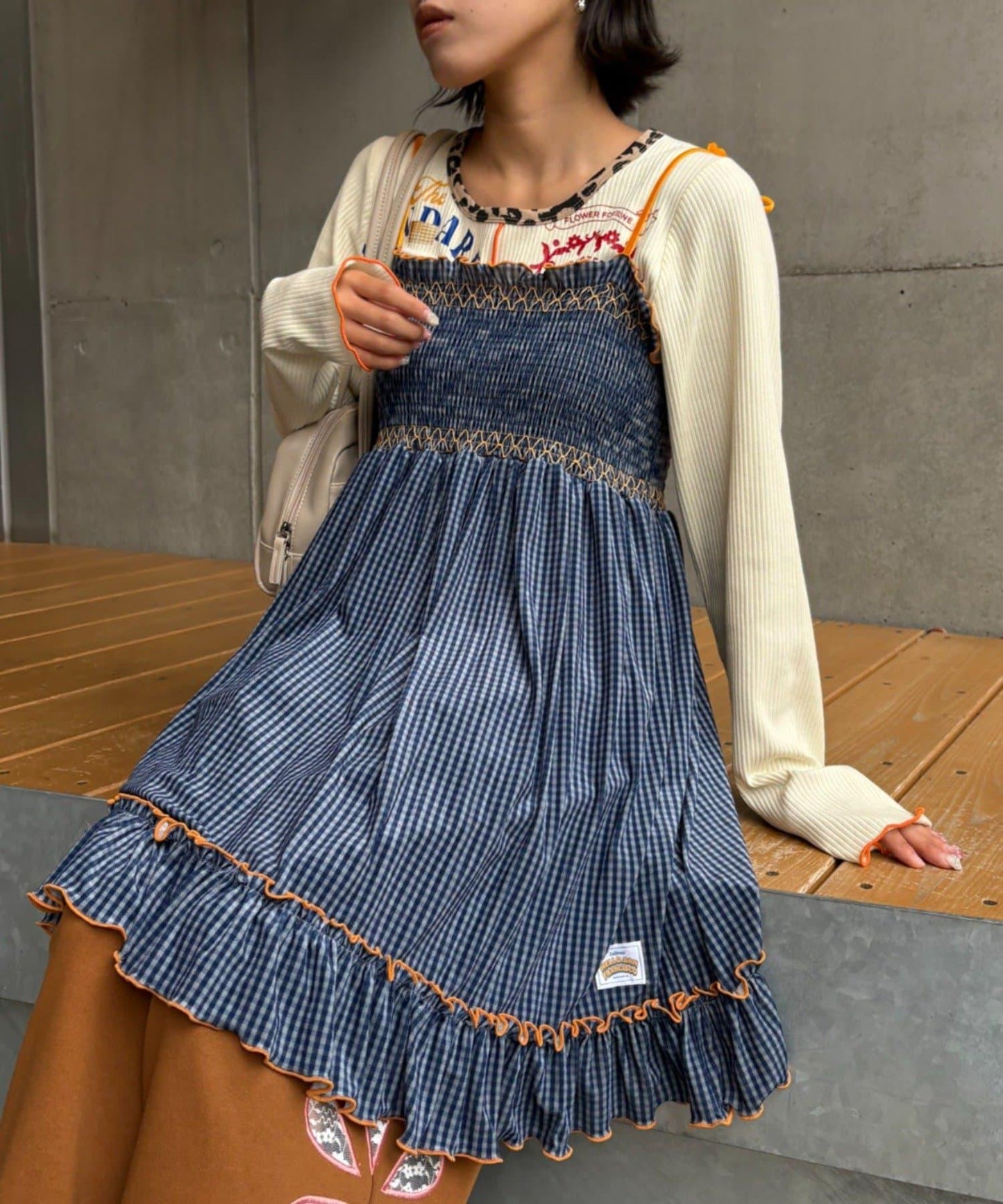 ★【HELLO.SANFRANCISCO/ハローサンフランシスコ】格紋天鵝絨抽褶長款上衣