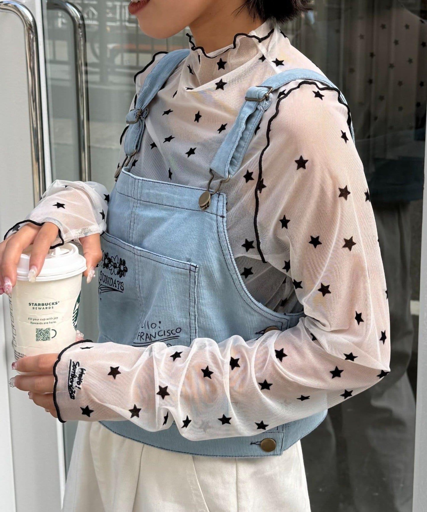 ★【HELLO.SANFRANCISCO/ハローサンフランシスコ】植絨星星圖案透視上衣
