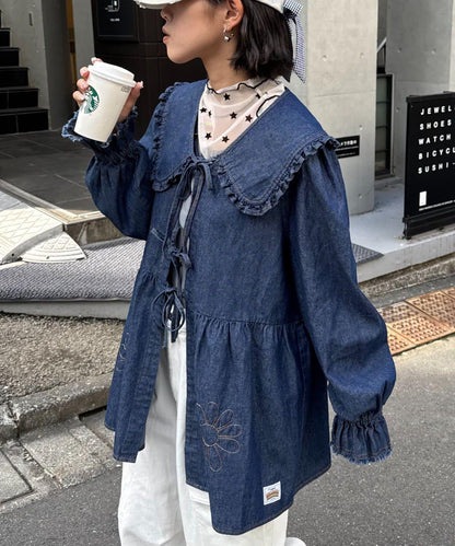 ★【HELLO.SANFRANCISCO/ハローサンフランシスコ】帶領雛菊刺繡牛仔襯衫