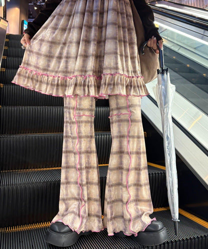 ★【HELLO.SANFRANCISCO/ハローサンフランシスコ】格紋荷葉邊拼接喇叭褲