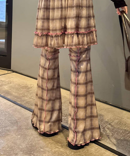 ★【HELLO.SANFRANCISCO/ハローサンフランシスコ】格紋荷葉邊拼接喇叭褲