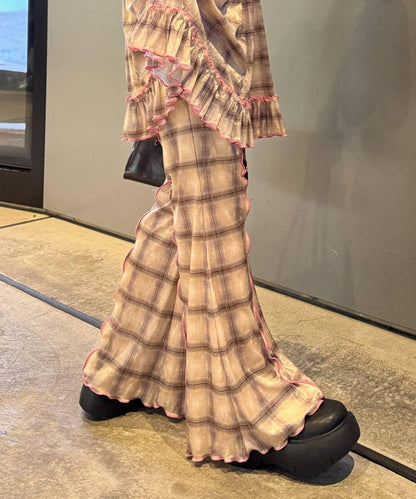 ★【HELLO.SANFRANCISCO/ハローサンフランシスコ】格紋荷葉邊拼接喇叭褲