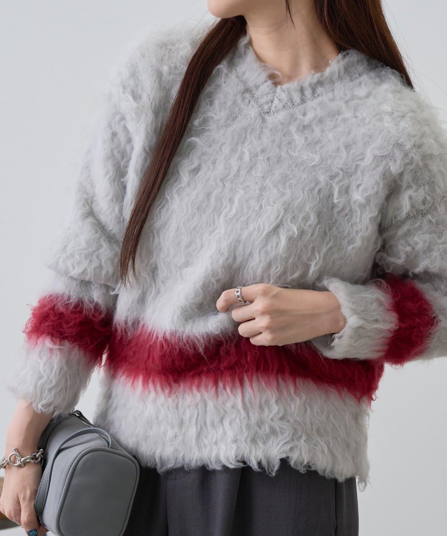 前後兩穿拼色長毛絨套頭衫