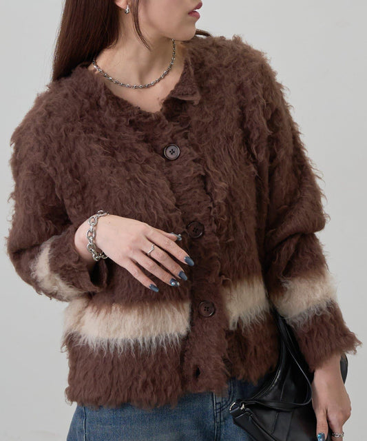 拼色毛邊圓領開衫