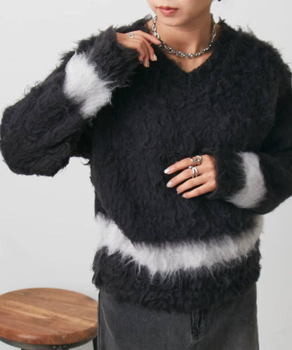 前後兩穿拼色長毛絨套頭衫