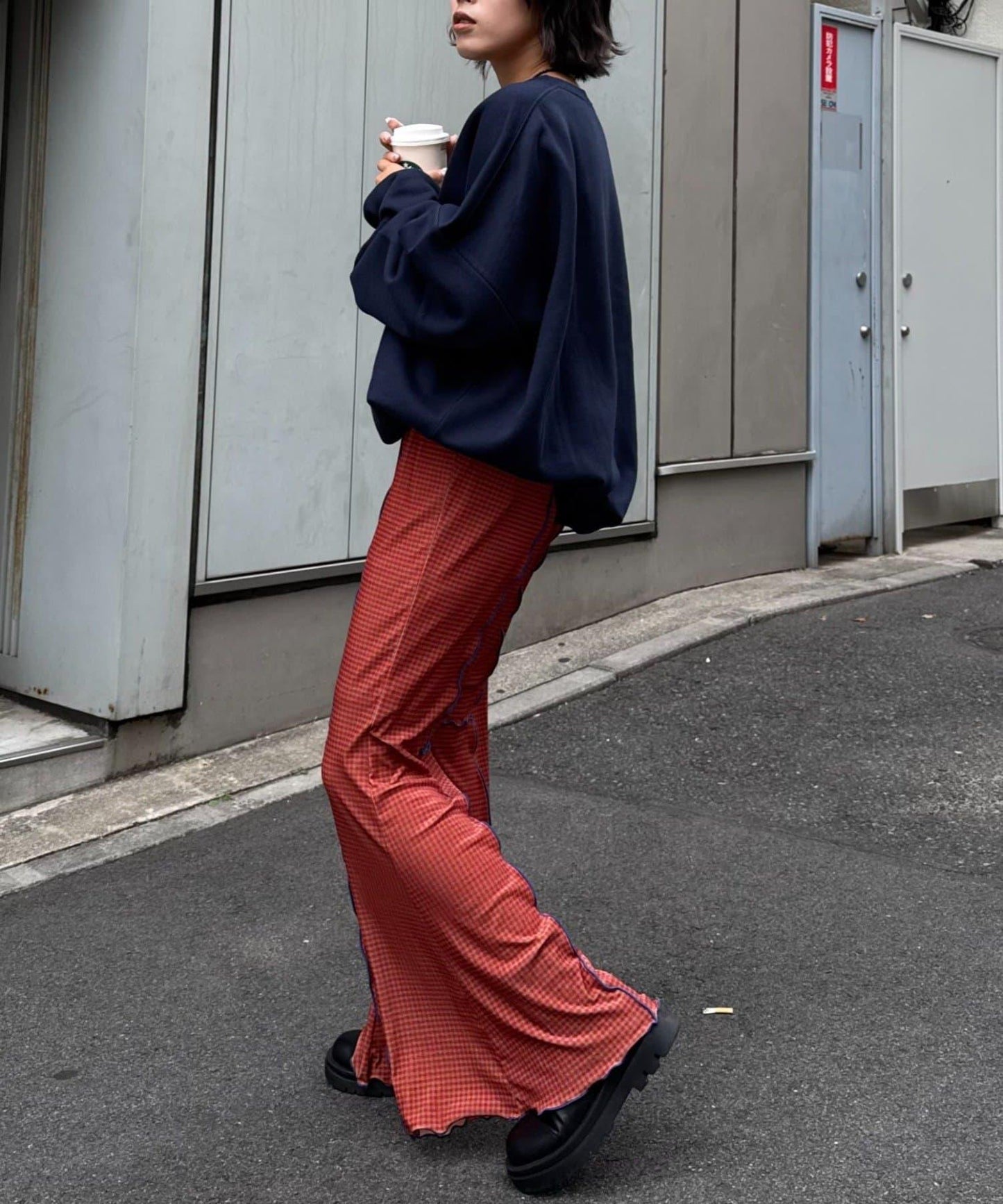 ★【HELLO.SANFRANCISCO/ハローサンフランシスコ】格紋荷葉邊拼接喇叭褲