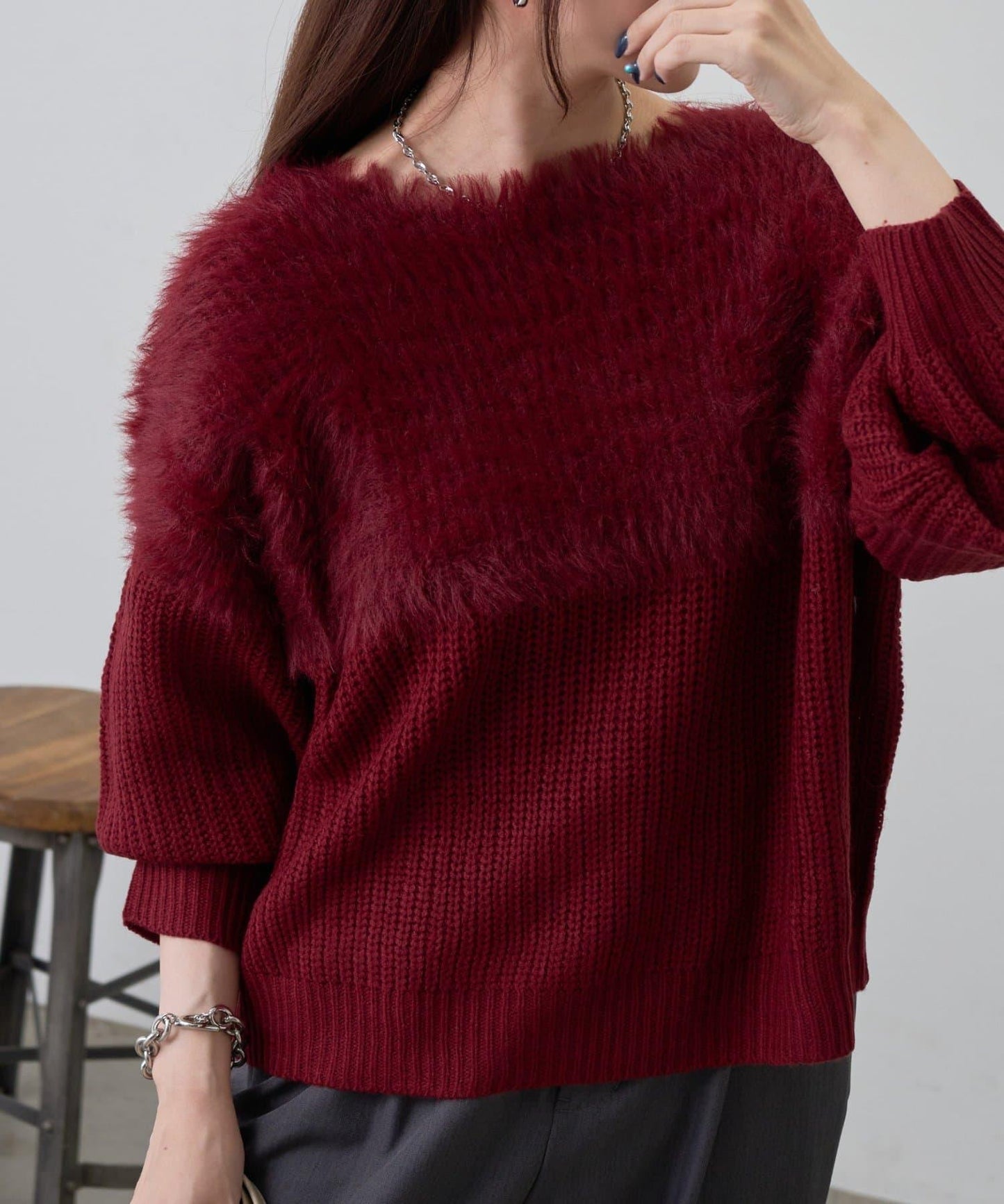 拼接長毛針織衫