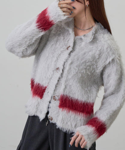 拼色毛邊圓領開衫