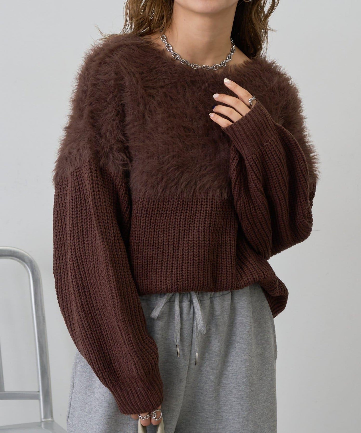 拼接長毛針織衫