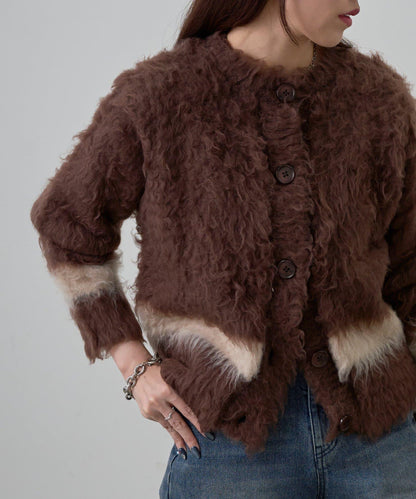 拼色毛邊圓領開衫