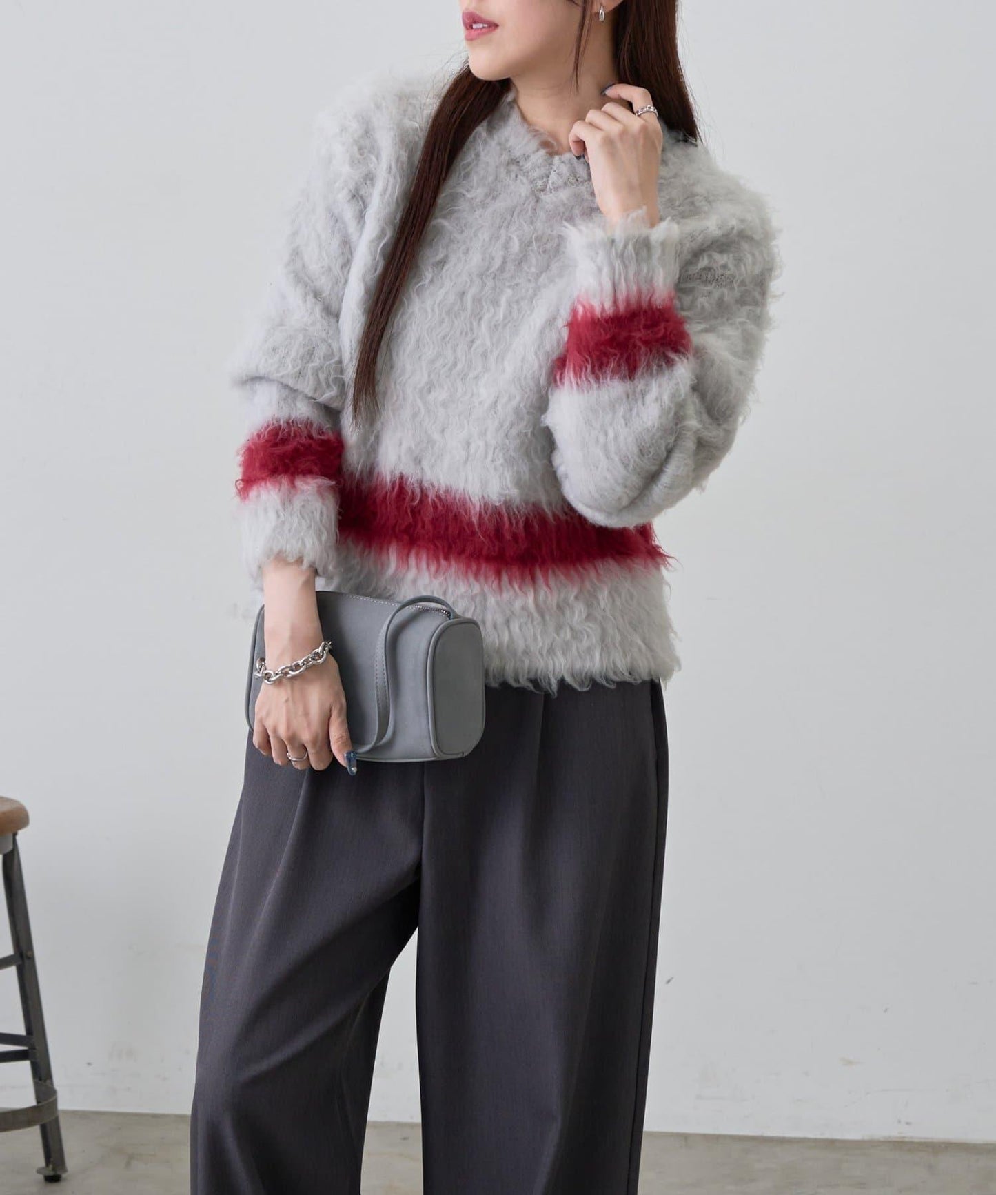 前後兩穿拼色長毛絨套頭衫