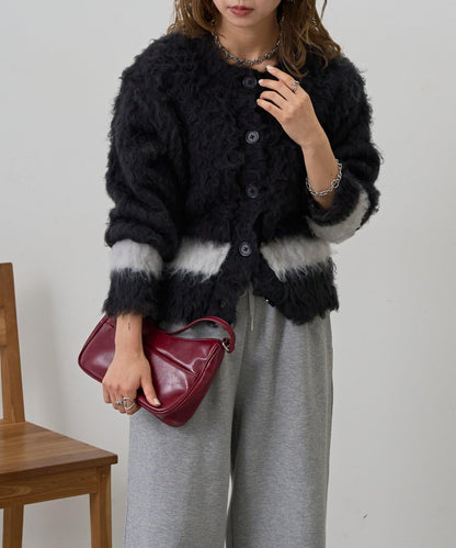 拼色毛邊圓領開衫