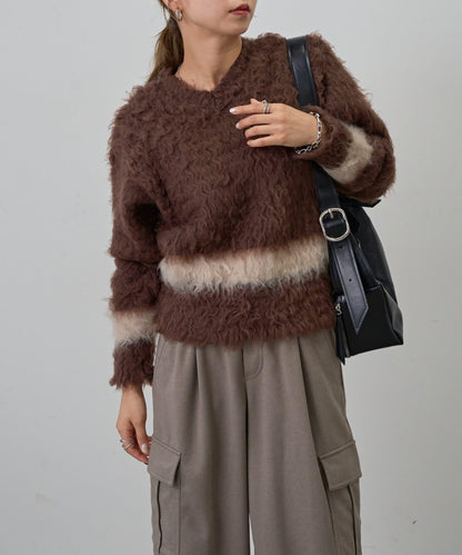 前後兩穿拼色長毛絨套頭衫