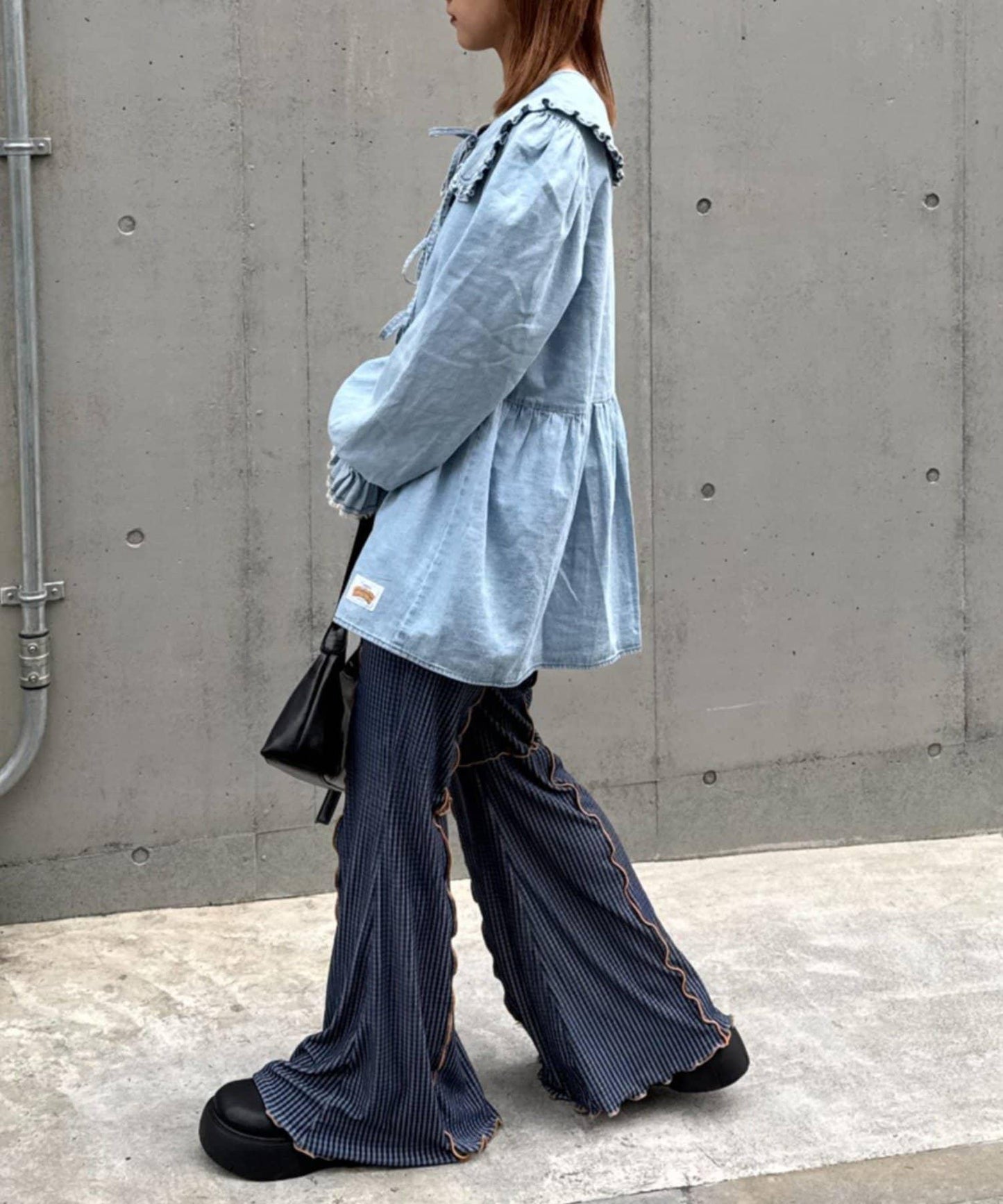 ★【HELLO.SANFRANCISCO/ハローサンフランシスコ】格紋荷葉邊拼接喇叭褲