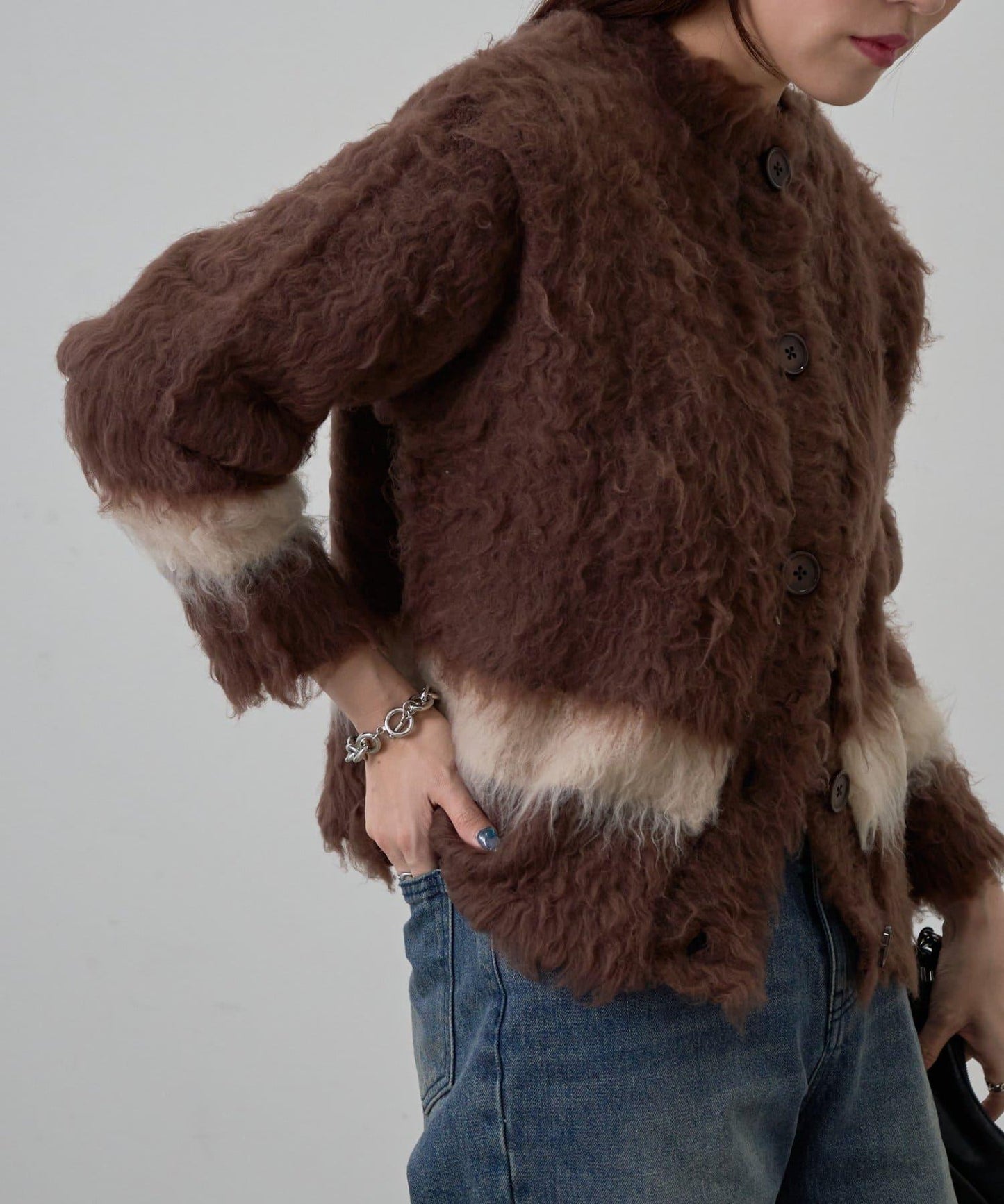 拼色毛邊圓領開衫