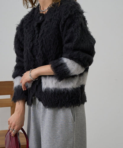 拼色毛邊圓領開衫