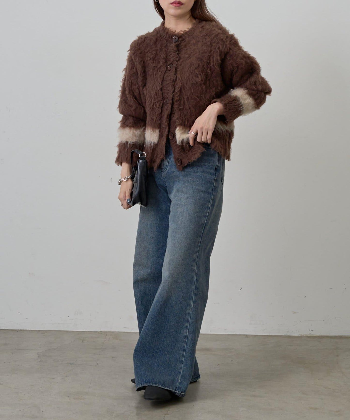 拼色毛邊圓領開衫