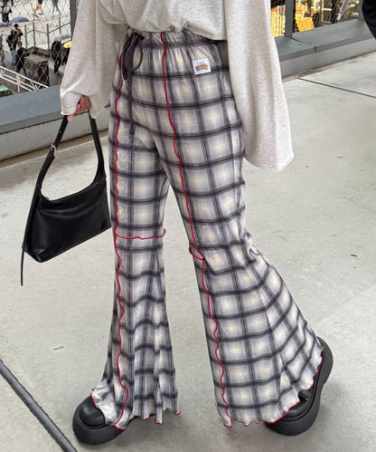 ★【HELLO.SANFRANCISCO/ハローサンフランシスコ】格紋荷葉邊拼接喇叭褲