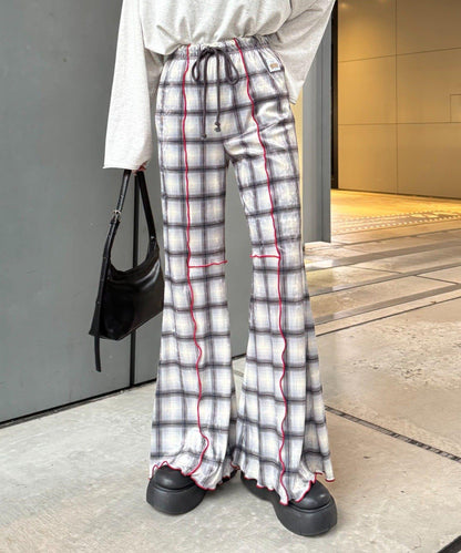 ★【HELLO.SANFRANCISCO/ハローサンフランシスコ】格紋荷葉邊拼接喇叭褲