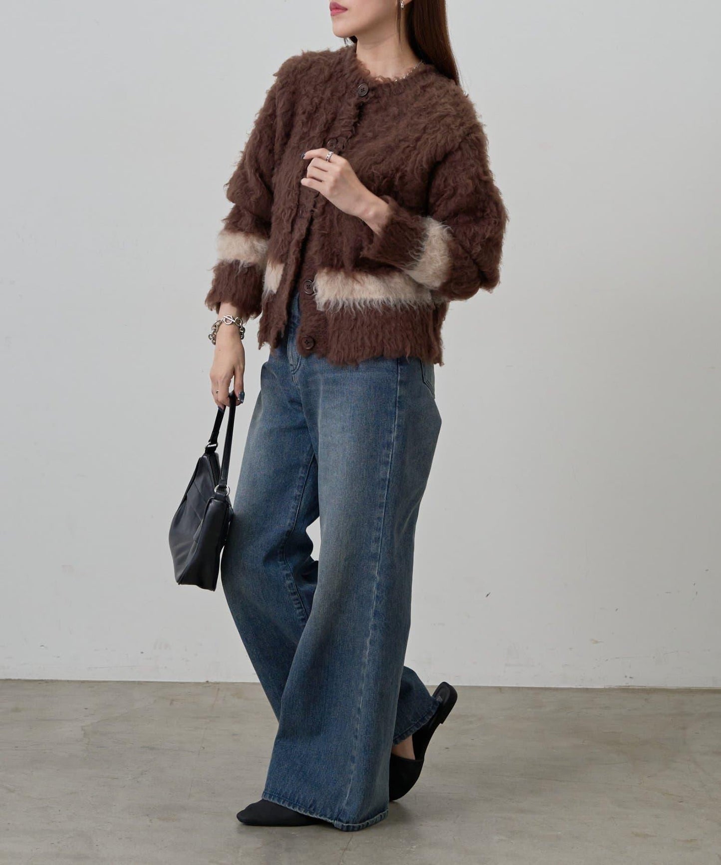 拼色毛邊圓領開衫