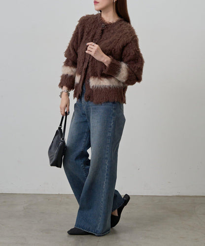 拼色毛邊圓領開衫